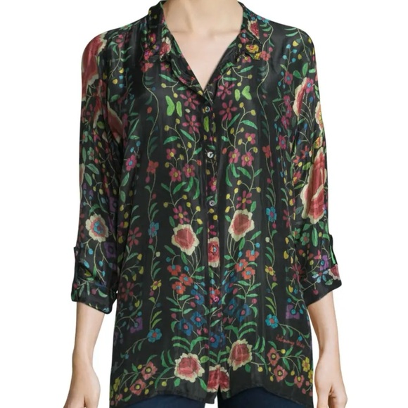 Johnny Was Size XXL Black Multi Floral 100% Silk Button Front Blouse - Picture 4 of 16